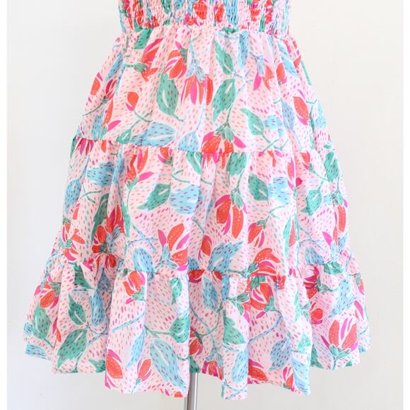 J Marie Pink Confetti Floral Smocked A Line Tiered Dress Size L Ruffle Fit Flare - Picture 4 of 8